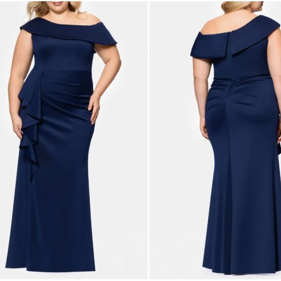 Midnight Blue Evening Gown Swoop Shoulder - Picture 1 of 5